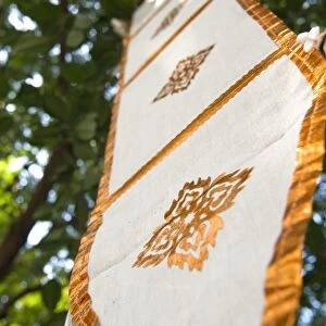 Buddhist flag in temple trees, Chiang Mai, Thailand, Southeast Asia, Asia