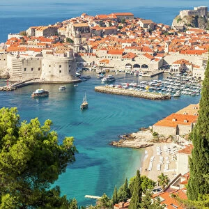 High-angle view over the old town of Dubrovnik and Banje Beach, Dubrovnik, Croatia