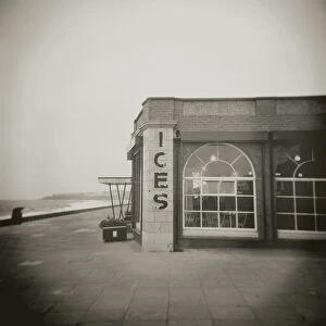 Image taken with a Holga medium format 120 film toy camera of ices sign on side of old Rendezvous Cafe on dull winters day, Whitley Bay, Tyne & Wear, England, United