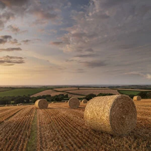 Straw bales at sunset in rural Devon, Livaton, Devon, England, United Kingdom, Europe