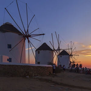 Windmills Kato Mili at sunset, Mykonos Town, Mykonos, Cyclades Islands, Greek Islands
