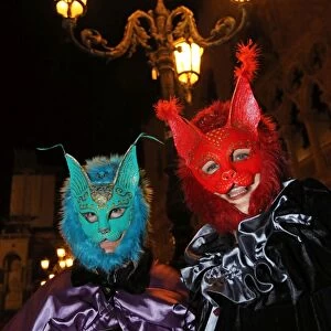 People wearing cat masks and costumes at the Venice Carnival
