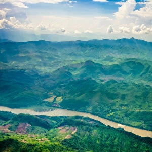 Aerial view of Mekong river and mountain landscape near Luang Prabang, Louangphabang