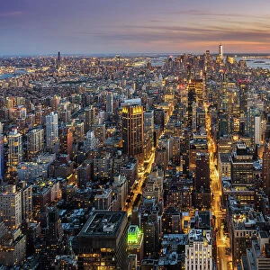 Aerial view of Midtown Manhattan skyline at sunset, New York, USA