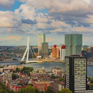 Aerial view of Rotterdam skyline with Erasmus bridge and skyscrapers, Holland / Netherlands