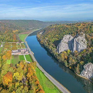 Chateau de Freyr with river Maas near Dinant, Ardennes, Wallonia, Province Namur, Belgium