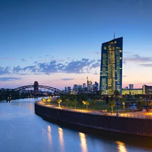European Central Bank at dusk, Frankfurt, Hesse, Germany