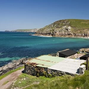Old fishermans huts near Pendeen watch on the North Cornwall coast near St Just, UK