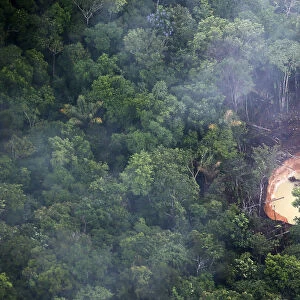 An aerial view shows an illegal mine in the jungle in the south of Venezuela
