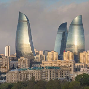 Azerbaijan, Baku. City skyline with Flame Towers from Baku Bay