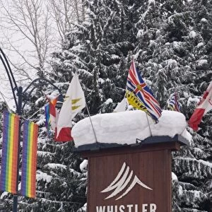 Canada, BC, Whistler / Blackcomb Resort. Sign at entrance to Whistler Village