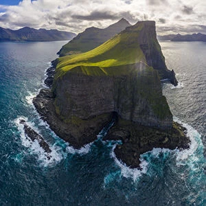 Europe, Faroe Islands. Aerial view of Trollanes, location of a lighthouse on the northern