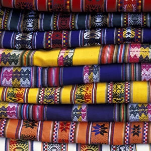 SA, Peru, Chinchero Bolts of traditional fabric in Chinchero market