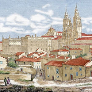 Spain. Galicia. Santiago de Compostela. Partial view of the city with the Cathedral