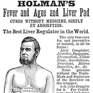American patent medicine advertisement, 1876, for Holmans Fever and Ague Liver Pad