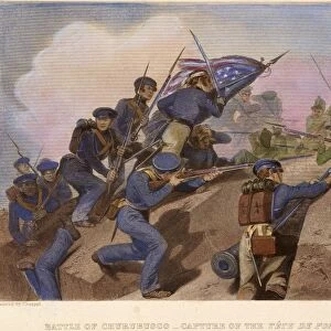 BATTLE OF CHURUBUSCO, 1847. American troops storm the bridgehead at the Battle of Churubusco, Mexico, during the Mexican-American War, 20 August 1847. Steel engraving, American, 1859, after a painting by Alonzo Chappel