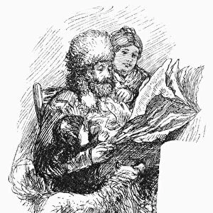 CANADA: FRONTIER HOME, 1879. A fur trader of the Hudsons Bay Company reading a tattered copy of a newspaper at his home in Canada. Wood engraving, 1879
