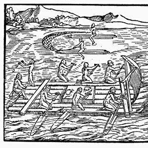 CARIB NATIVE AMERICAN FISHERMEN. Woodcut from Girolamo Benzonis Historia del Mondo Nuovo