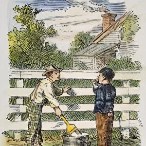 CLEMENS: TOM SAWYER, 1876. The immortal incident of whitewashing the fence: drawing