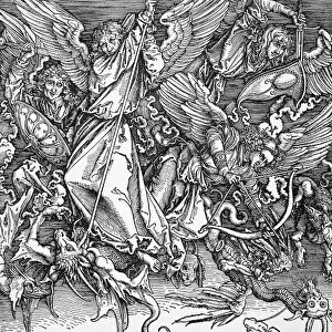 DURER: SAINT MICHAEL, 1498. Evicting Lucifer and the fallen angels from Heaven