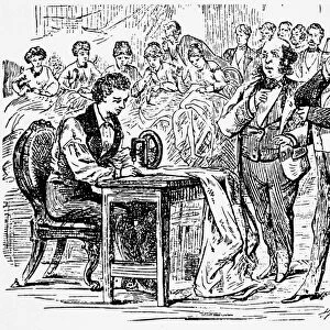 ELIAS HOWE (1819-1867). American inventor. Howe competing and winning against five seamstresses at Boston, Massachusetts, in 1845. Wood engraving, c1867