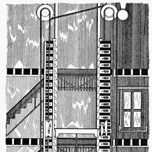 FREIGHT ELEVATOR, 1876. Freight elevator with safety catch feature. Line engraving, American, 1876