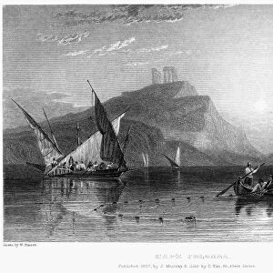 GREECE: CAPE SOUNION, 1832. View of Cape Sounion (Cape Colonna), Greece. Steel engraving, English, 1832, by Edward Finden after William Purser
