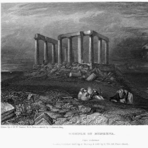GREECE: CAPE SOUNION, 1832. View of the ruins of the Temple of Poseidon at Cape Sounion (or Cape Colonna), Greece. Steel engraving, English, 1832, by Edward Finden after Joseph Mallord William Turner