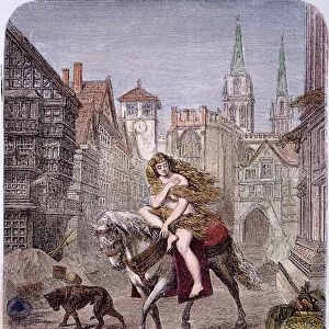 LADY GODIVA (1140-1180). Wife of Leofric, Earl of Mercia. Lady Godiva rides through Coventry. Wood engraving, 1866, after Emanuel Leutze (1816-1868)