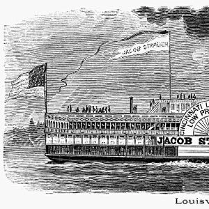 MAIL STEAMBOAT, 1856. The Louisville and Cincinnati Mail Lines steamboat Jacob Strader. Wood engraving, 1856