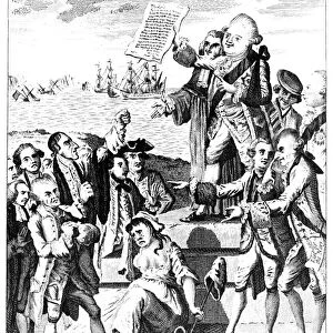 News from America, or the Patriots in the Dumps. English cartoon, late 1776. Prime Minister Lord North shows a dispatch about the British capture of New York. King George III is on the right with other lords, on the left are unhappy American patriots, and in the foreground John Wilkes, who opposed the war