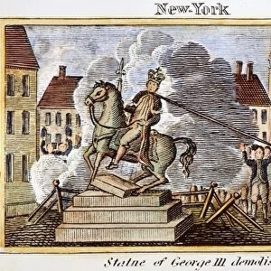 NY: SONS OF LIBERTY, 1776. The Sons of Liberty pullig down the statue of King George III at the Bowling Green, New York, 9 July 1776: American line engraving, 1829