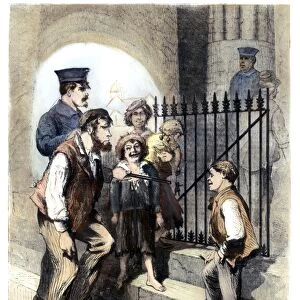 PRISON: THE TOMBS, 1868. Scene on the steps of the Tombs, New York City: colored wood engraving, American, 1868