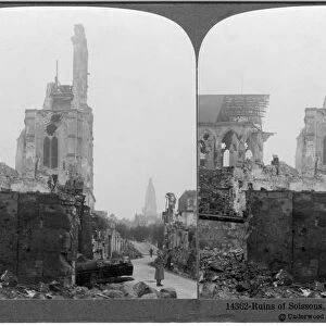 WWI: SOISSONS, c1919. Ruins of Soissons and its two great cathedrals. Stereograph