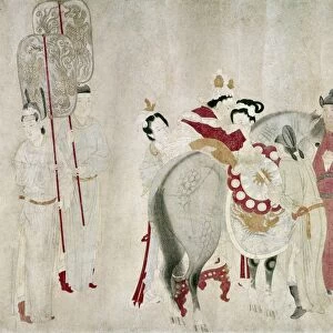 Yang Kuei-fei, concubine of Emperor Ming Huang (712-756), mounting a horse. Detail from a late 13th century copy, by Chien Shuan, of a T ang Dynasty scroll. Ink and color on paper