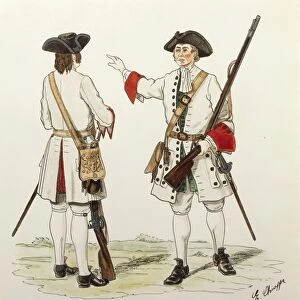 Army of Louis XIV known as Sun King: riflemen of Royal Louvigny and Lionois Infantry Regiment, color engraving by E. Chioppa, 1706