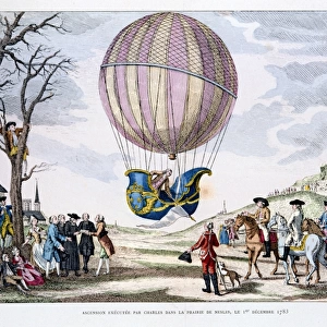 Ascent made by J. A. Charles (1745-1822) in a hydrogen balloon in the plain of Nesle