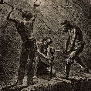 Cornish miners boring a hole to take a charge of explosive. One miner holds the metal borer upright