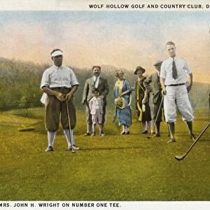 Golfer Teeing Off at the First Hole. ca. 1925, Pennsylvania, USA, WOLF HOLLOW GOLF AND COUNTRY CLUB, DELAWARE WATER GAP, PENNA. MRS. JOHN H. WRIGHT ON NUMBER ONE TEE