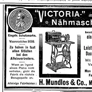 Advertisement of the Mundlos company for Victoria sewing machines, 1890, Germany, Historic, digitally restored reproduction of an original from the 19th century, exact original date unknown