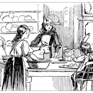 Antique childrens book comic illustration: women in the kitchen