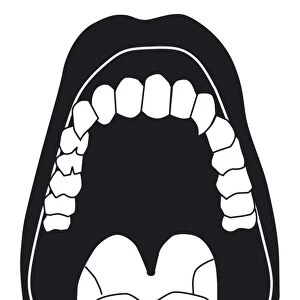 Black and white digital illustration of open mouth showing white teeth, tongue, and back of throat