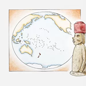 Illustration of Easter Island stone statue in front of a map highlighting Polynesian islands and New Zealand