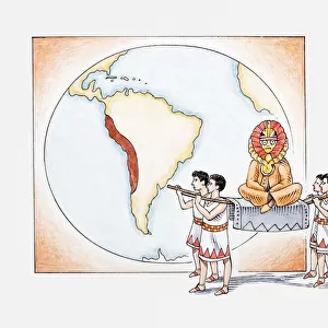 Illustration of Inca procession in front of map highlighting ancient Inca empire