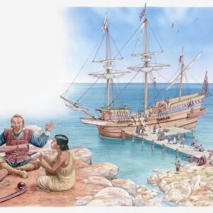 Illustration of Pocahontas and her father sitting and talking with Captain John Smith