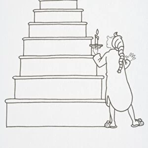 Illustration, standing at bottom of stairs in sleeping gown, nightcap and slippers, holding candle