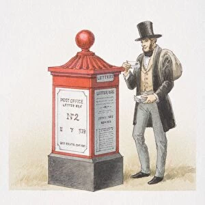 Man in top hat holding letter by 1850 Pillar box, front view