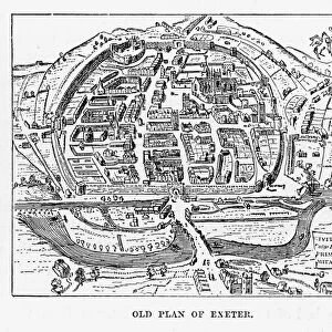 Old Plan of Exeter in Devon, England Victorian Engraving, 1840