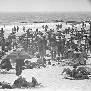 People relaxing on beach, (B&W)