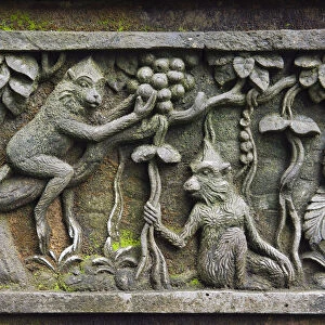 Relief with macaques at Monkey Forest temple, Pura Dalem Agung Padangtegal temple in the Ubud Monkey Forest, Ubud, Bali, Indonesia